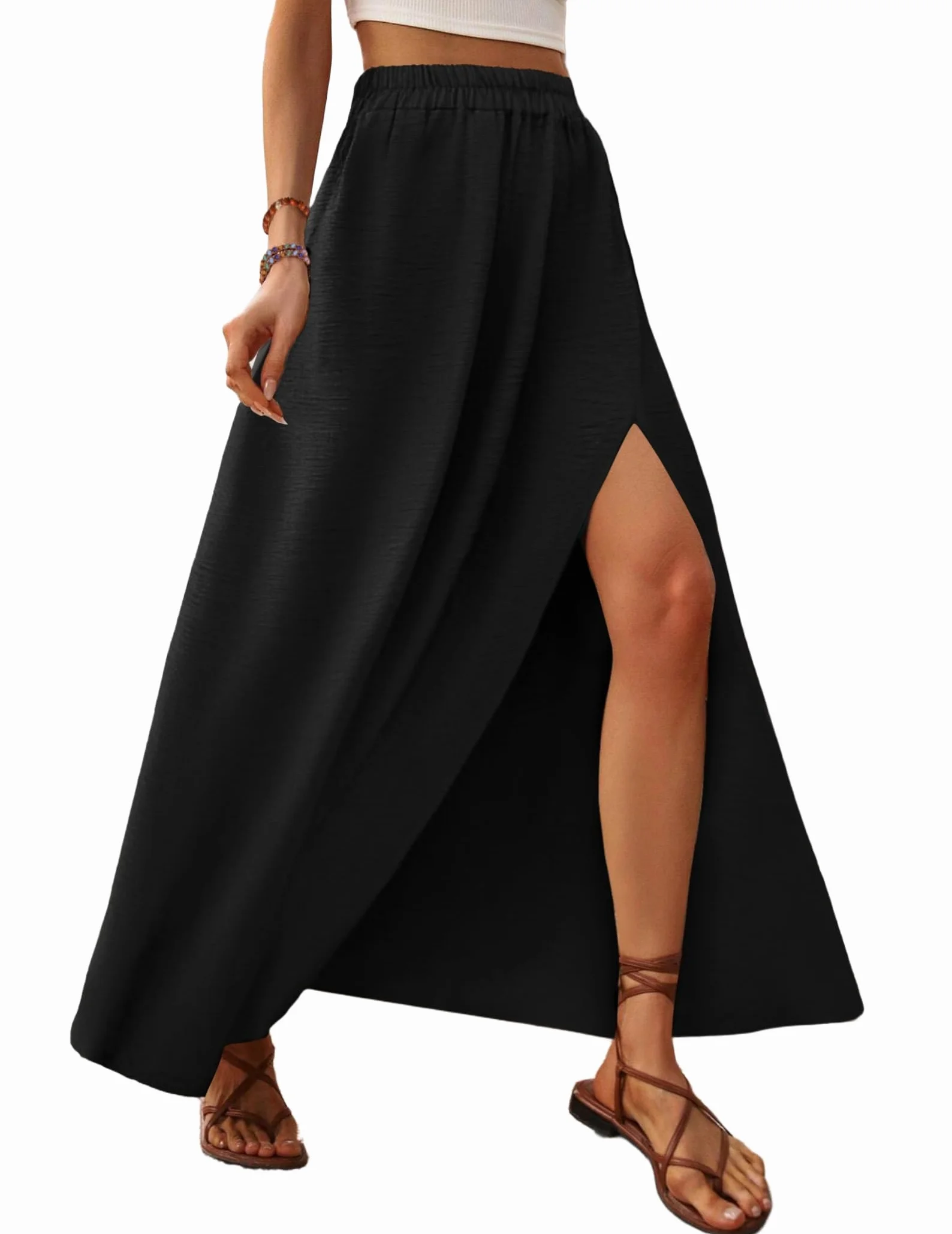 Zeagoo Falda Larga Mujer Verano Elegante Sólido Cintura Alta Elástica A Línea Falda de Playa con Abertura S-XXL