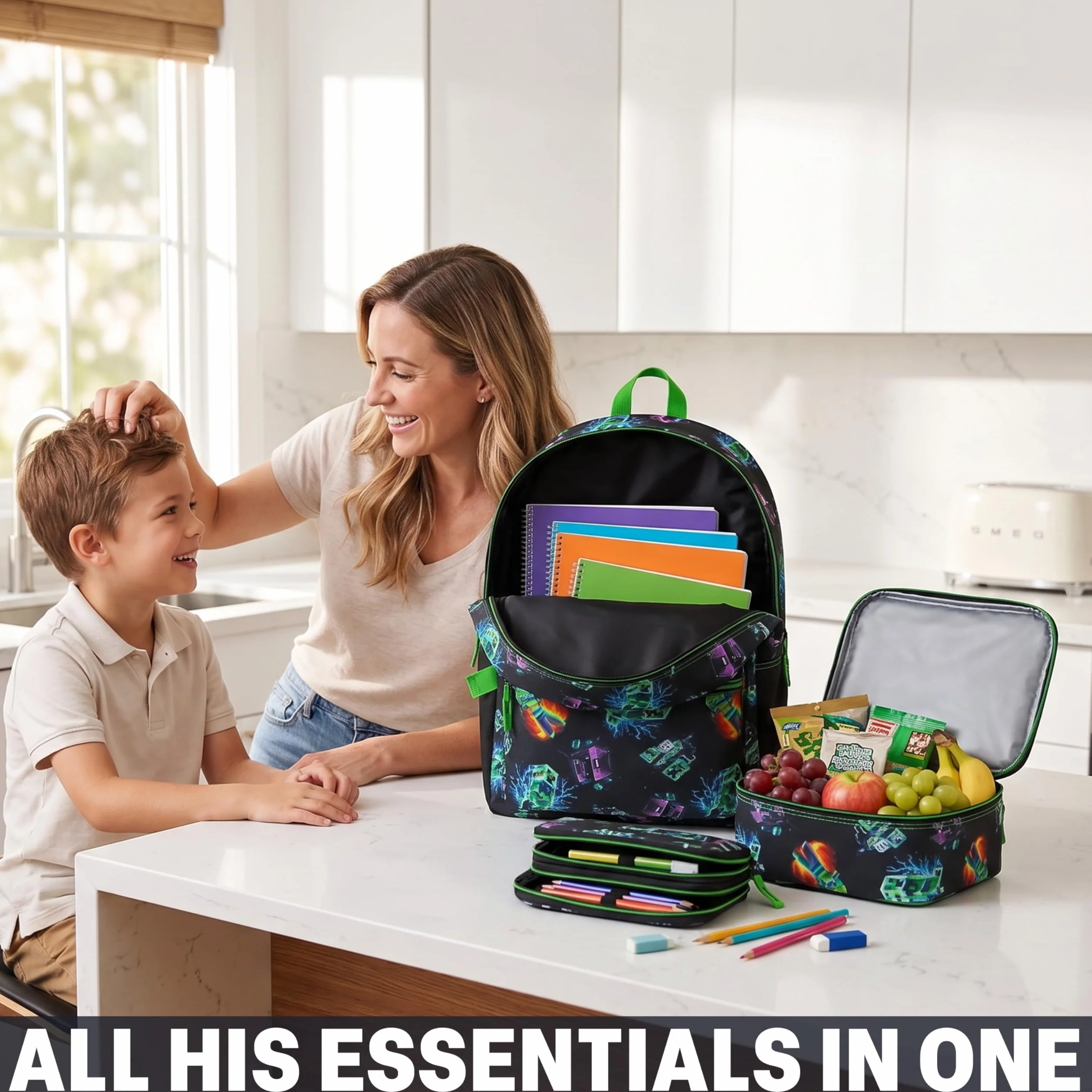 Minecraft Mochila Niños Set 3 Piezas Estuche Escolar Bolsa Almuerzo Mochila Completa Colegio Ocio Regalo Niños Multi Creeper