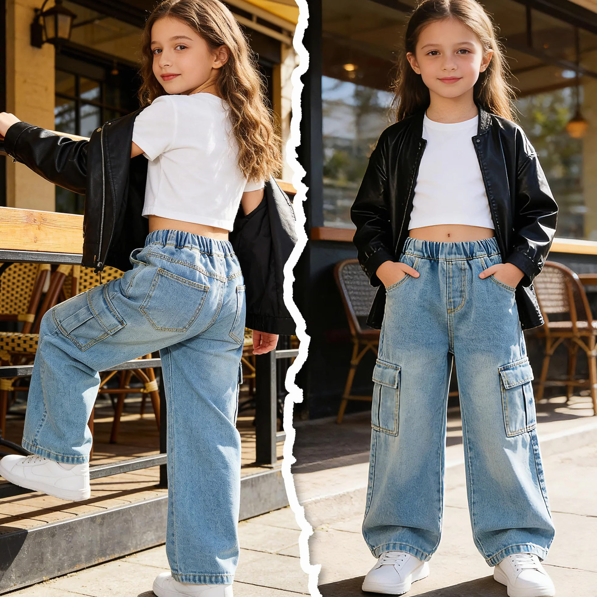 Vaqueros Cargo para Niña Baggy Cintura Elásticos Denim Jeans Pierna Anchos Pantalones Largo Stretch Múltiples Bolsillos Casual Moda 7-15 Años