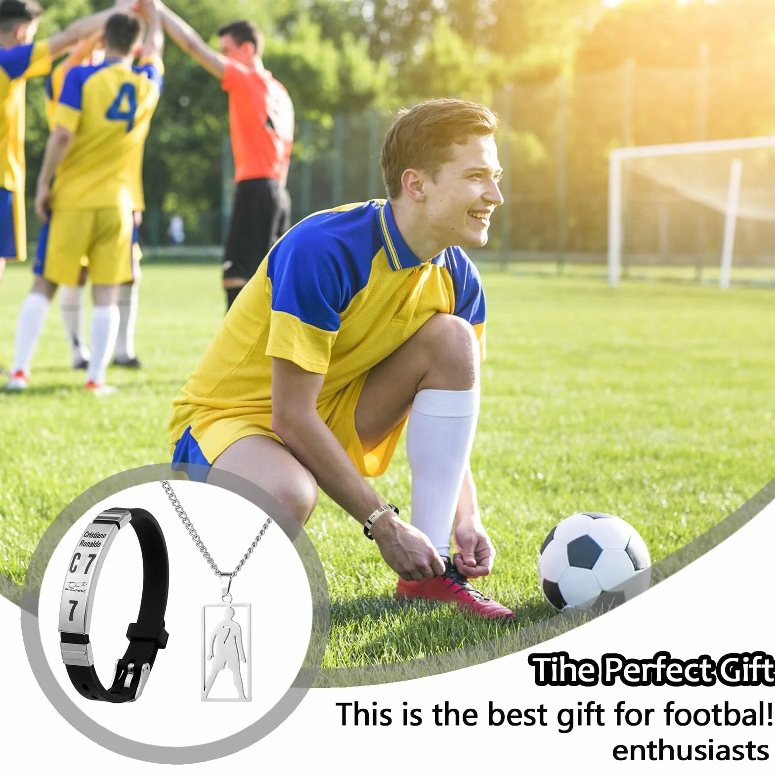 Juego de collar de fútbol de acero inoxidable ajustable y pulsera de silicona para hombres