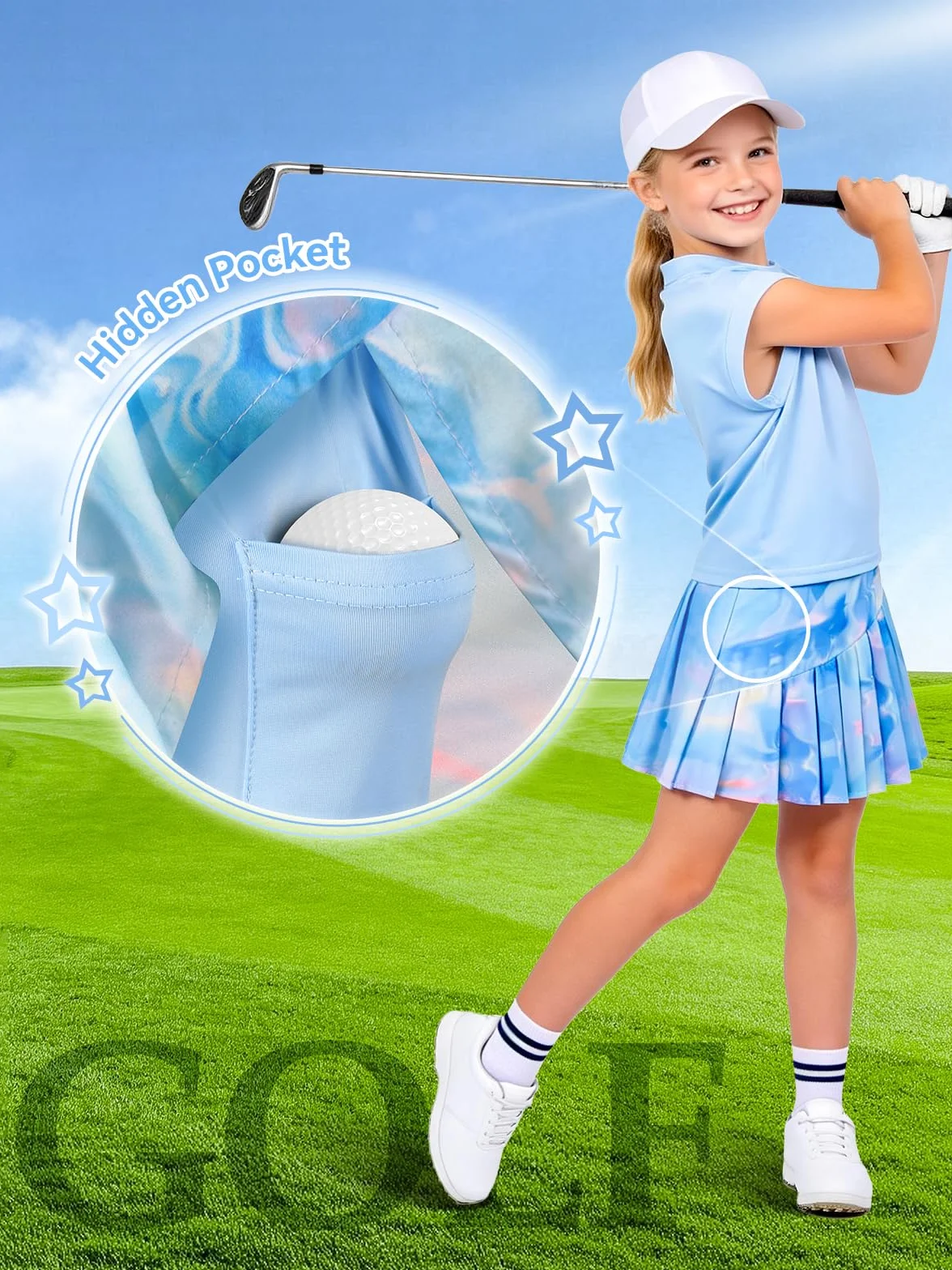 Traje de tenis para niña, camiseta sin mangas y falda de tenis, falda plisada con bolsillos interiores, traje deportivo para golf, bádminton y monopatín