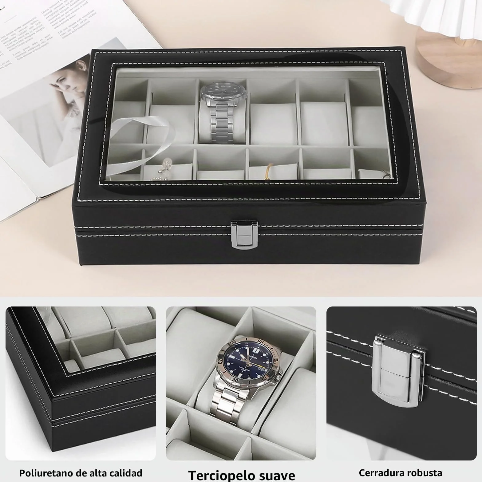 Caja para Relojes con 12 Compartimentos, Cristal y Cojín Extraíble