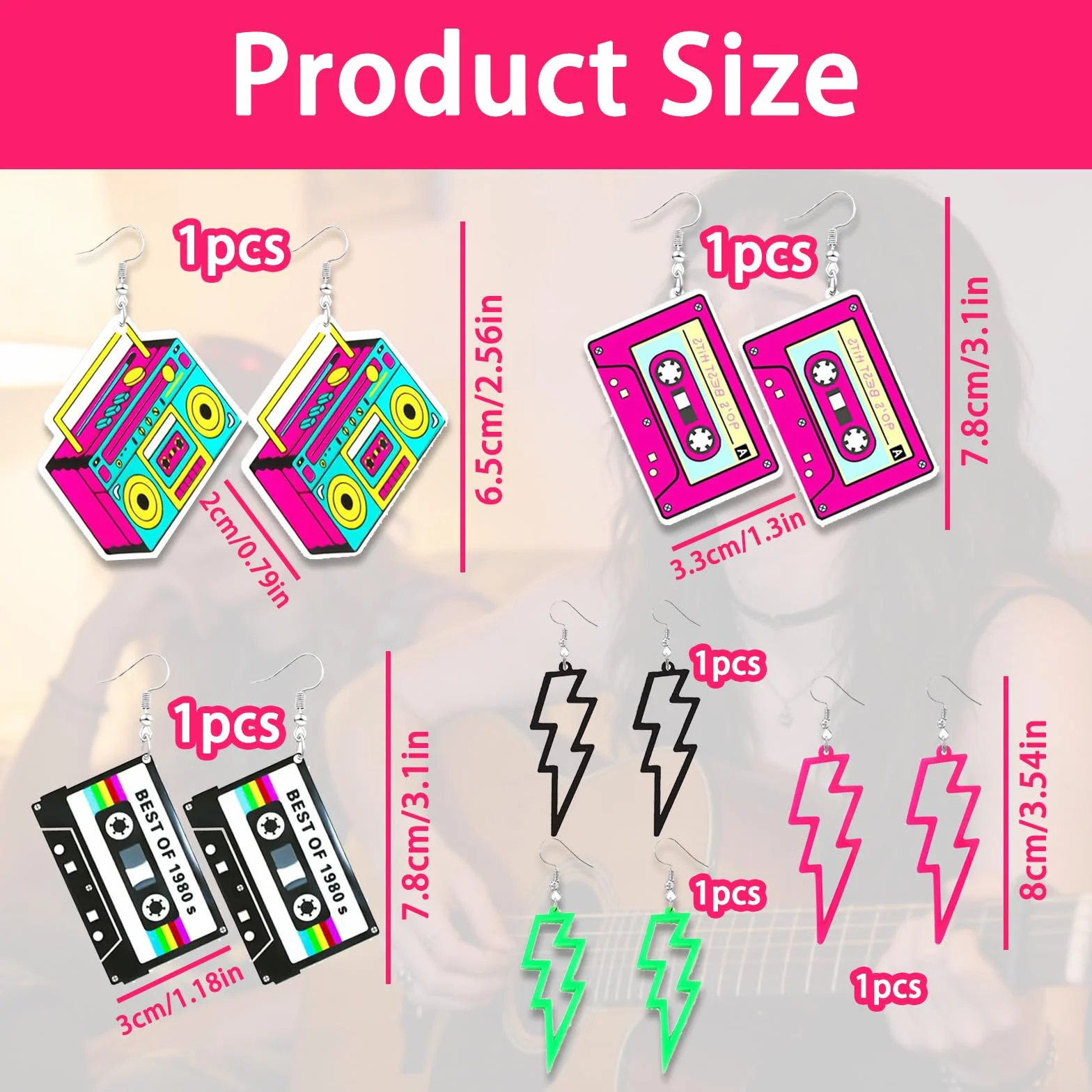 Pendientes de Neón Años 80 Retro Cintas de Casete 6 Pares Mujer
