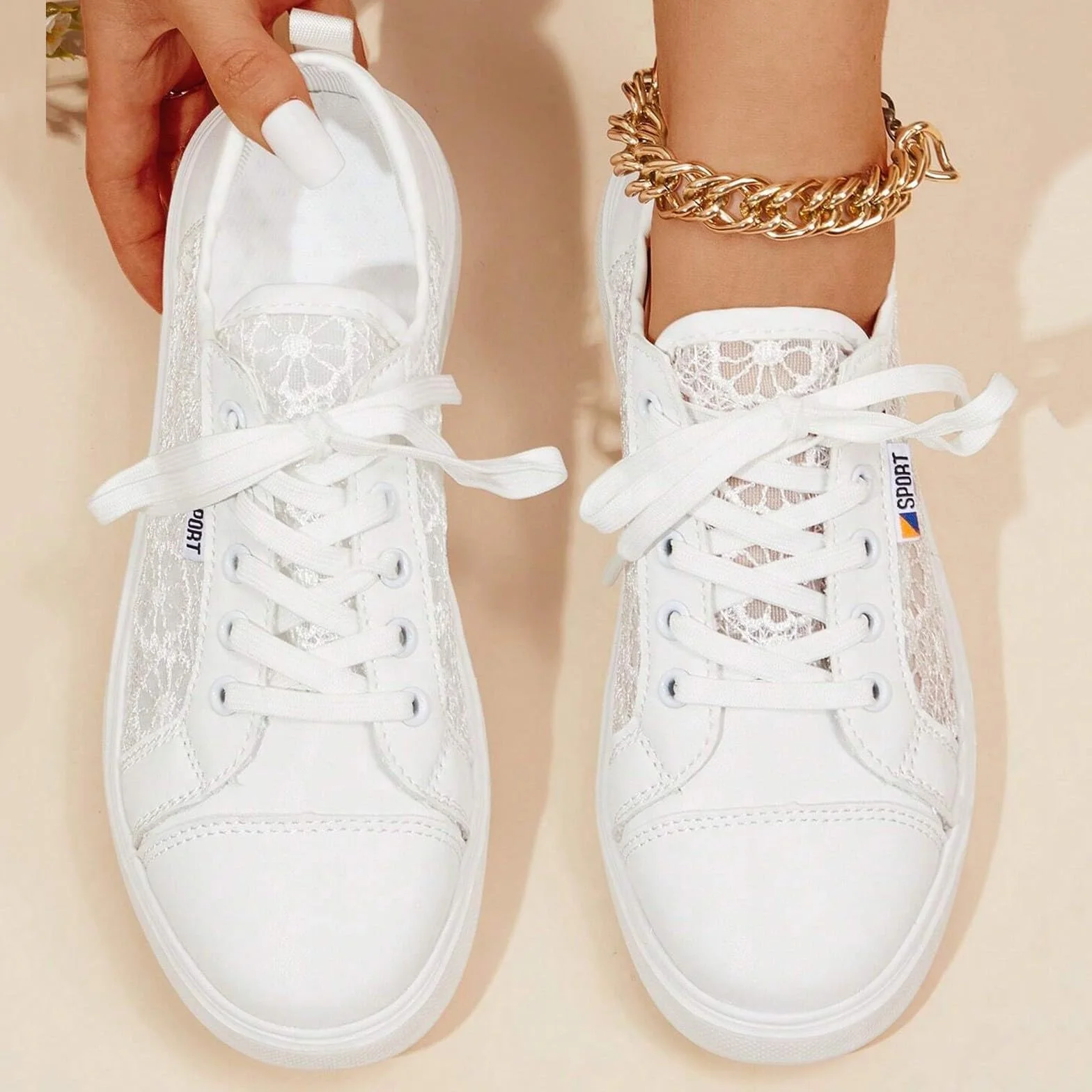 Zapatillas de mujer con flores de encaje zapatos casuales transpirables elegantes con cordones deportivas ligeras planas