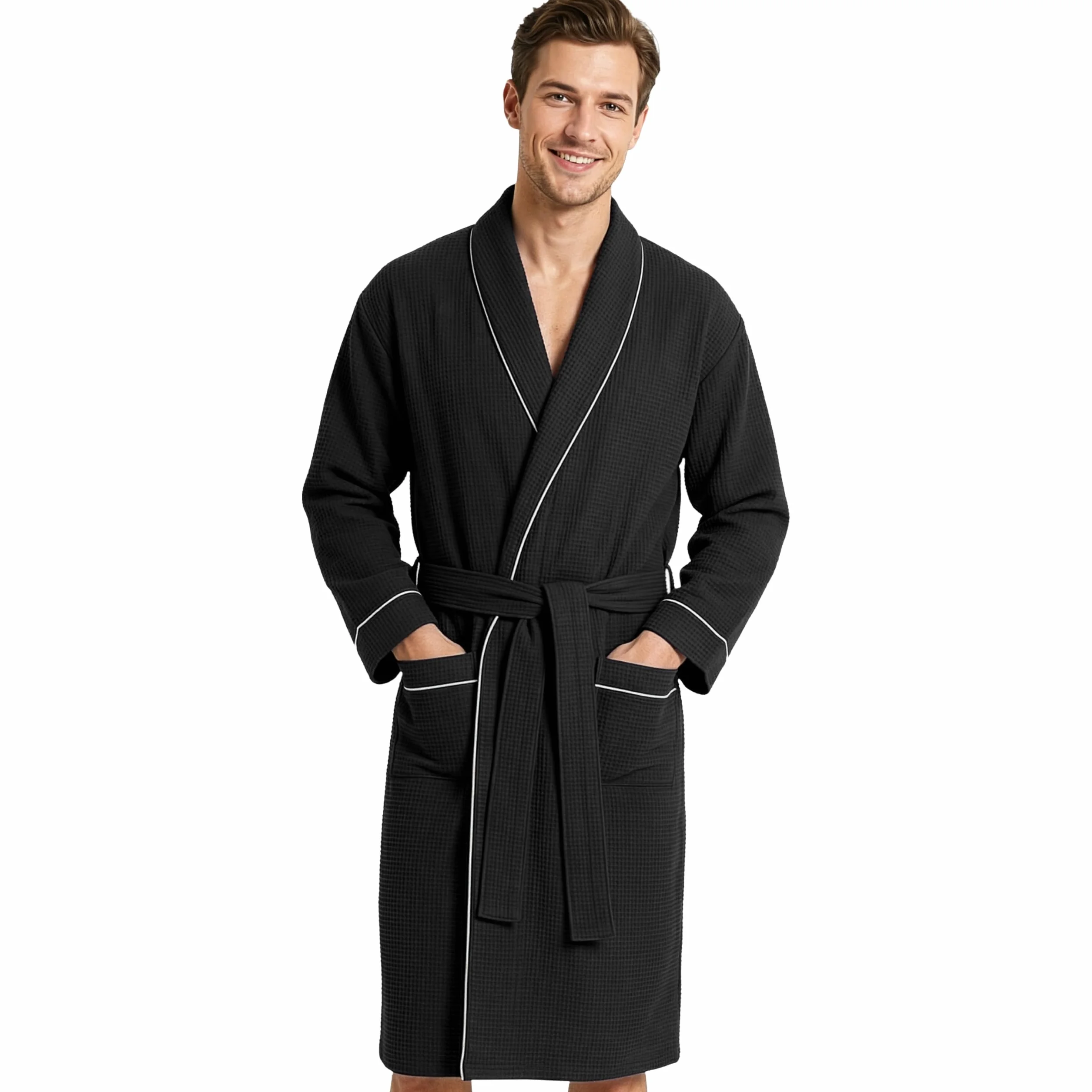 Albornoz Hombre y Adolescente M-3XL, Bata de Casa Waffle Ligera con Cinturón