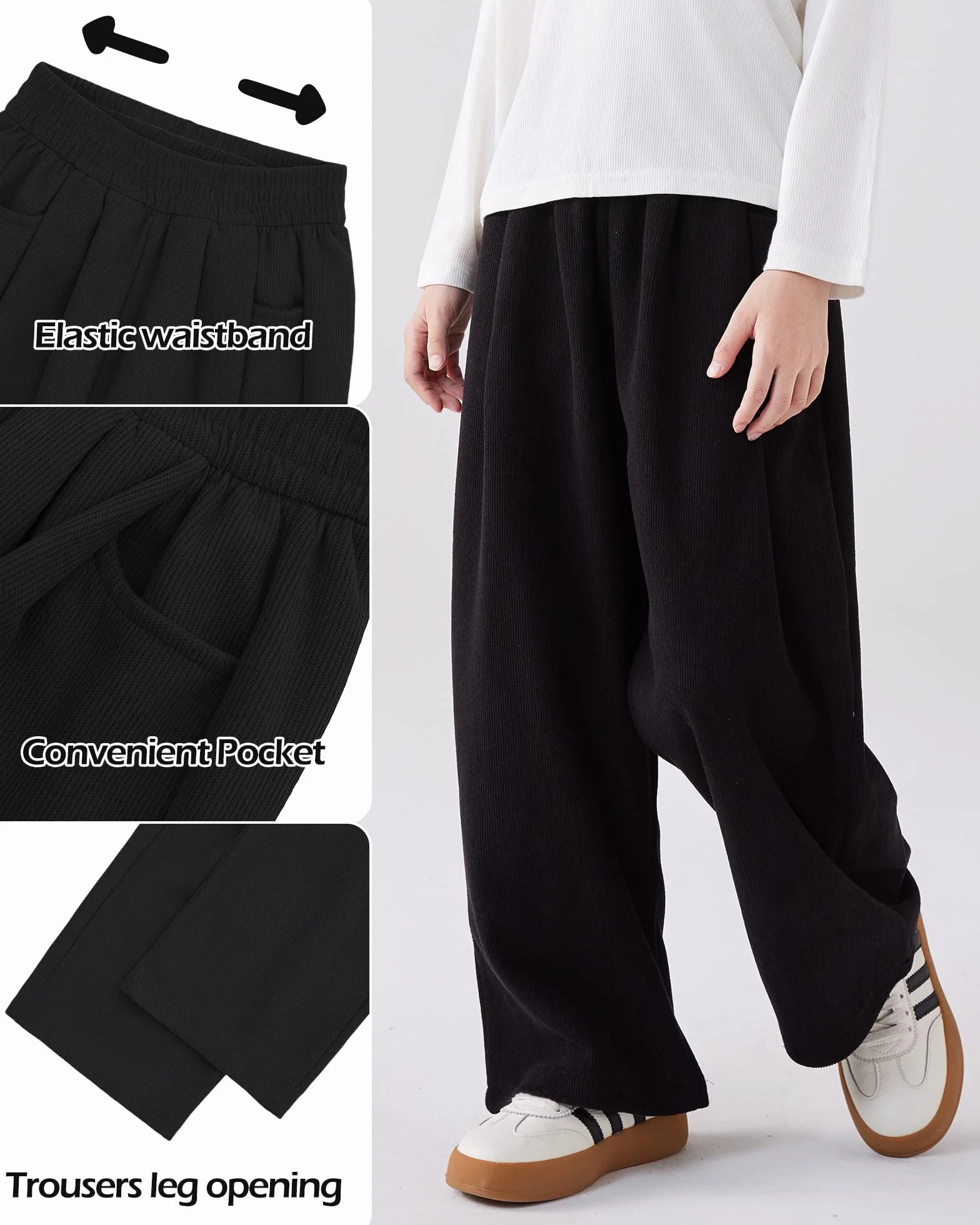 KAKU NANU Pantalones para niñas, cintura elástica, pierna ancha, 2 bolsillos, negro, marrón, beige, rosa, 5-13 años