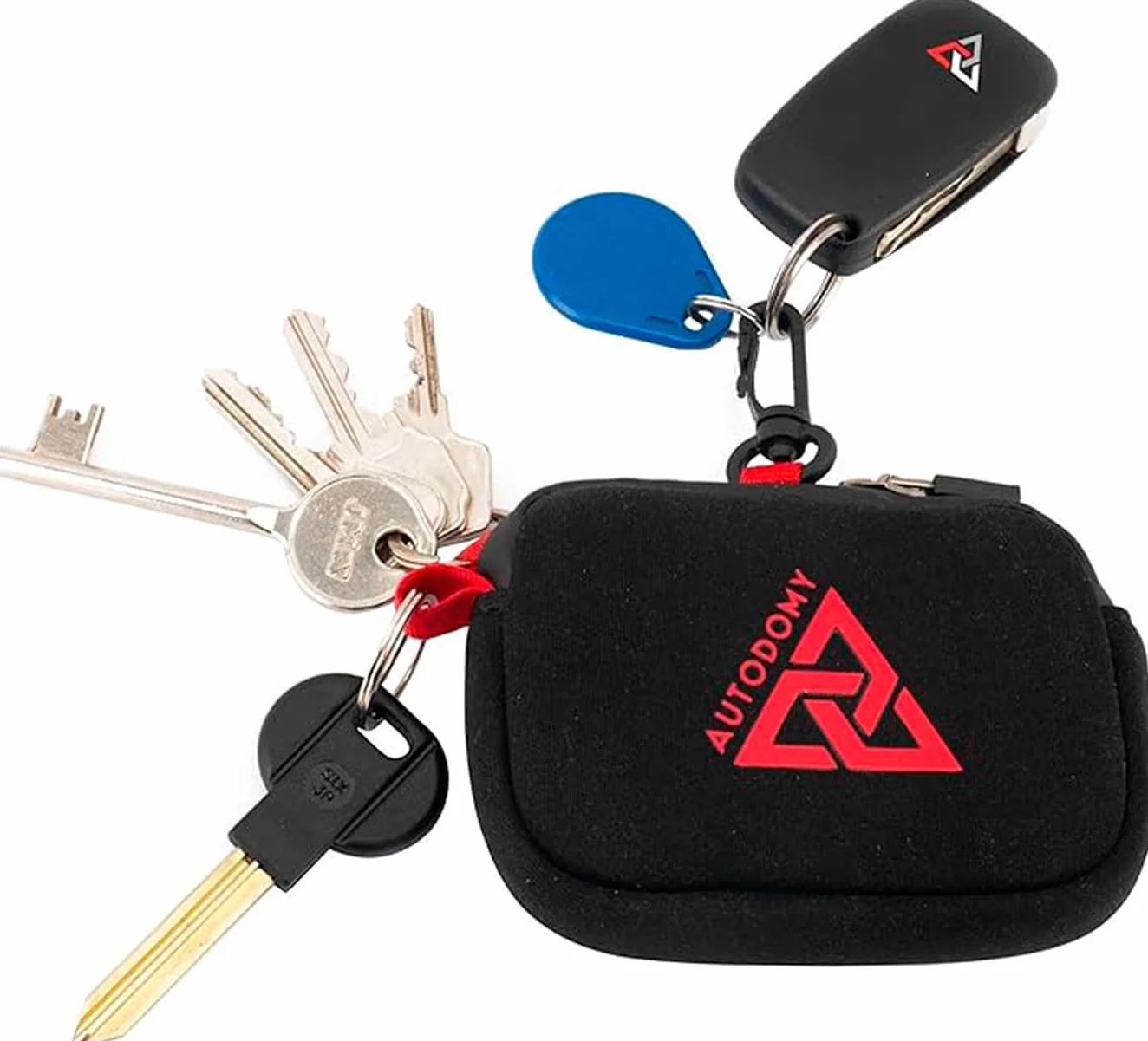 Autodomy Llavero para Moto Impermeable Neopreno Negro Rojo Porta Llaves con Anilla Mosquetón