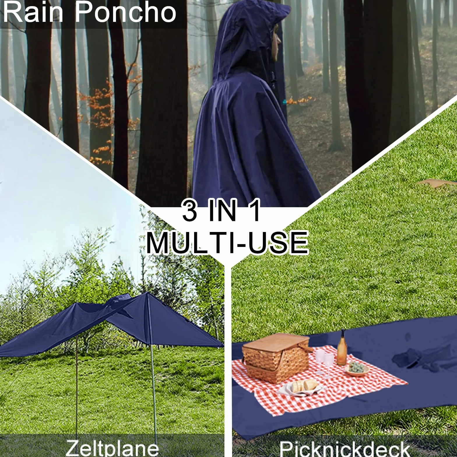 Poncho de Lluvia Impermeable 3 en 1 Multifuncional, Ultrafino Transpirable, Toldo Manta, Estera de Camping, Ligero Reutilizable Azul