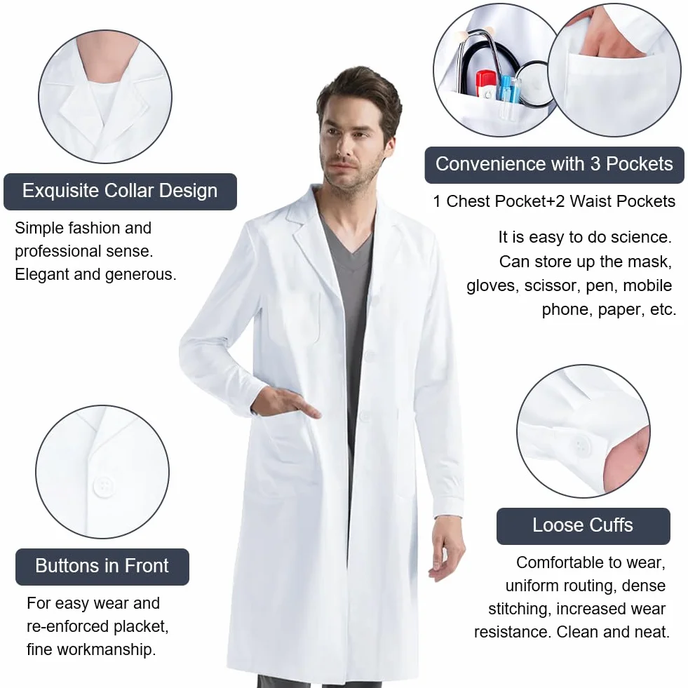 Bata Medica para Adultos, Laboratorio Blanca de Manga Larga, Disfraz de Enfermera Sanitaria