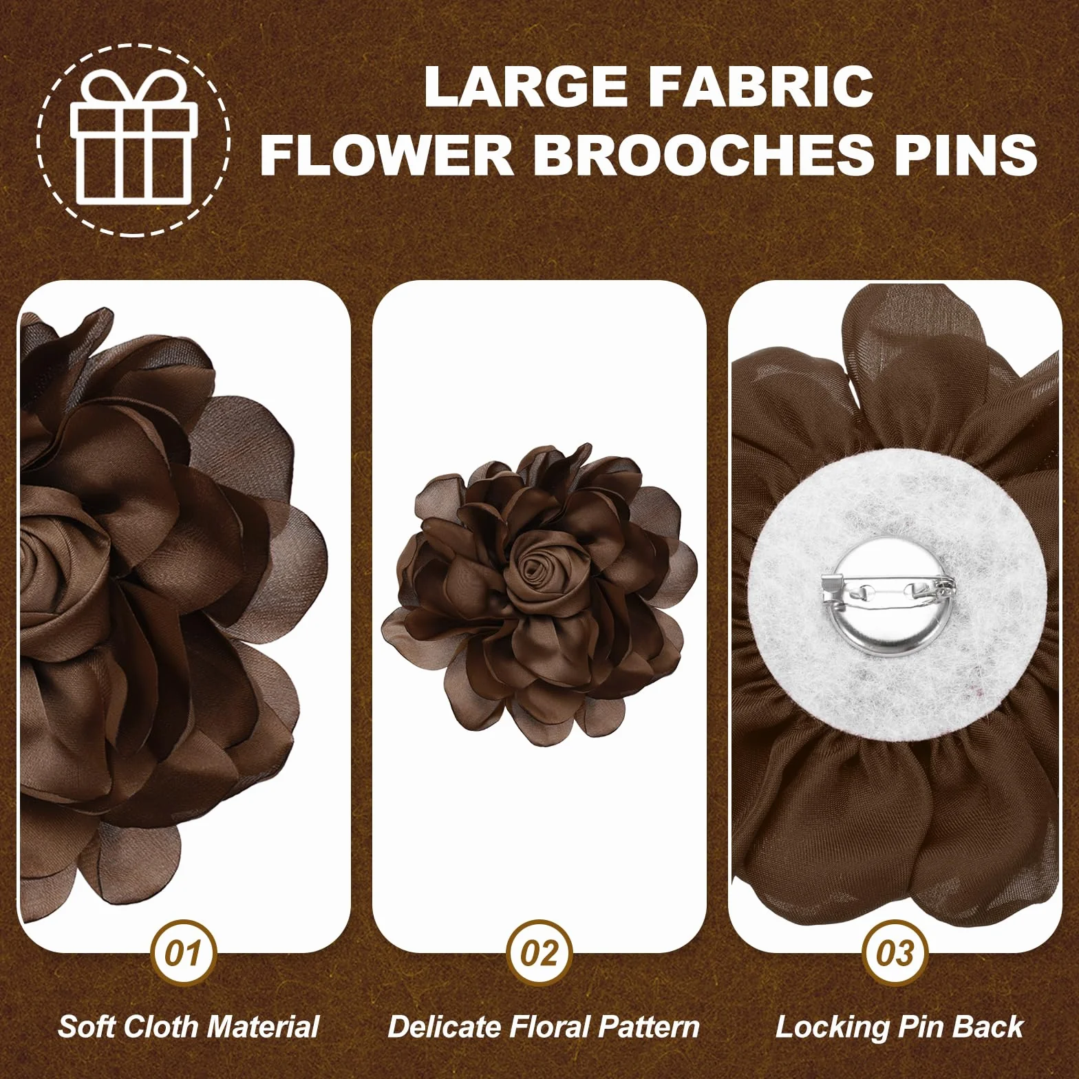 PATIKIL Broches Grandes De Flores De Tela, 2 Piezas Flores De Rosa De Satén Para Mujeres Ropa De Boda, Marrón