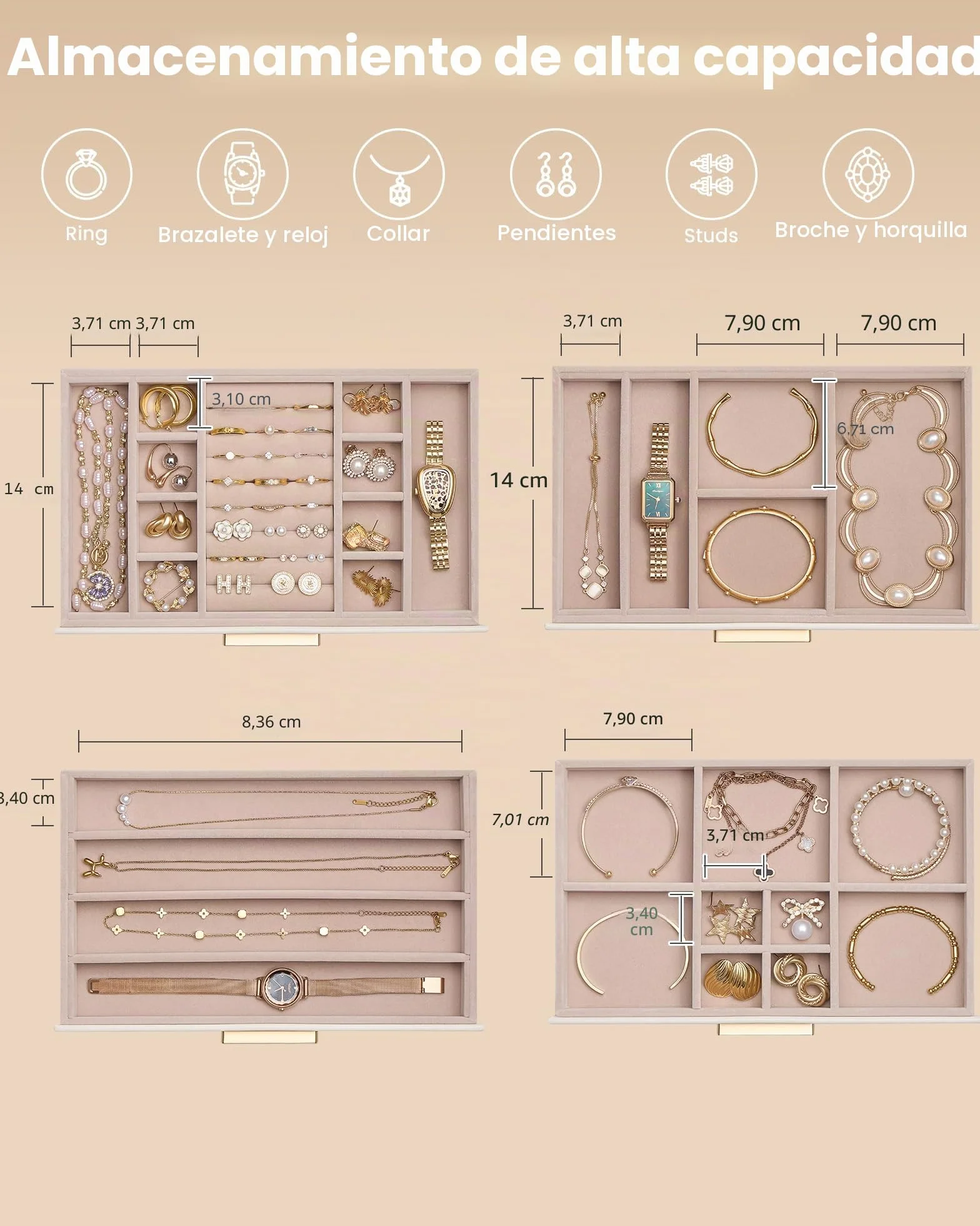 Caja Organizadora de Joyas 4 Niveles con Tapa de Vidrio, Joyero para Anillos Pendientes Pulseras Collares, Estuche Almacenamiento Mujer, Beige
