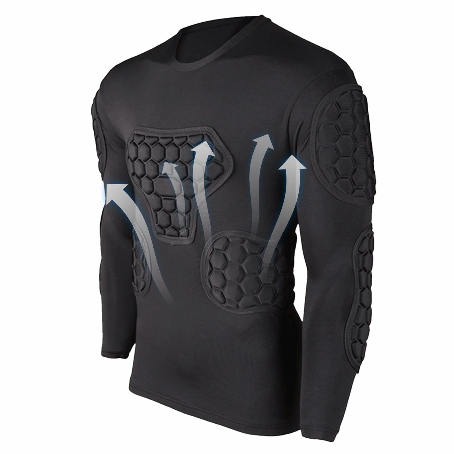 Camiseta de compresión acolchada de fútbol manga larga negra para portero juvenil paintball béisbol