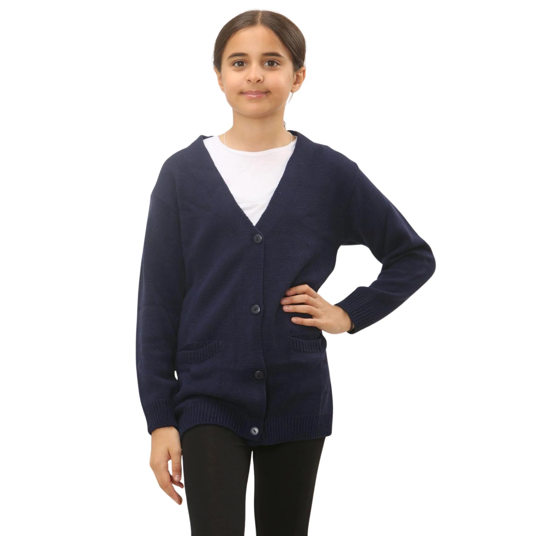 janisramone Cárdigan de punto fino de manga larga para niñas y niños, suéter de cuello en V de 4 botones con dos bolsillos delanteros, suéter casual liso, cárdigan escolar para niñas y niños
