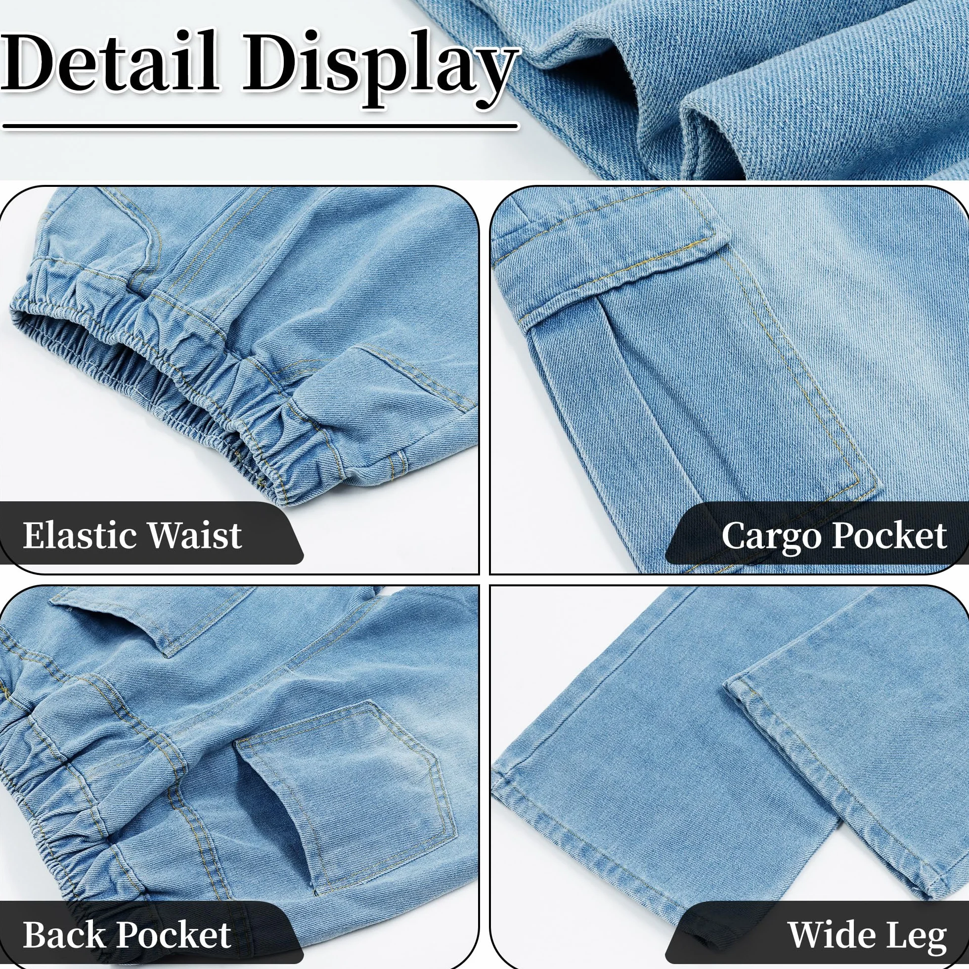 Vaqueros Cargo para Niña Baggy Cintura Elásticos Denim Jeans Pierna Anchos Pantalones Largo Stretch Múltiples Bolsillos Casual Moda 7-15 Años