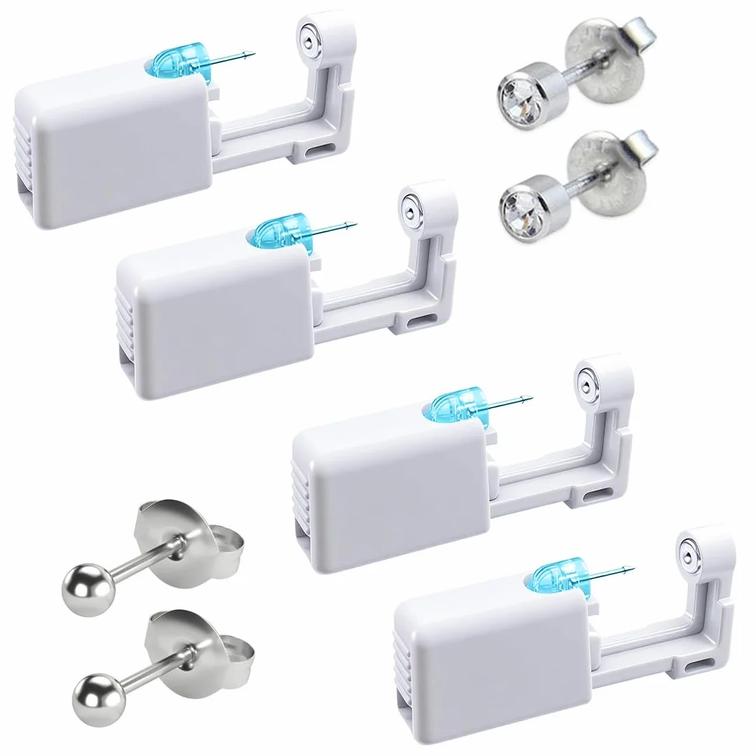 Pistolas para Piercing Oreja Desechables Kit Autoperforante Indolora Estéril con Aretes 4 Piezas