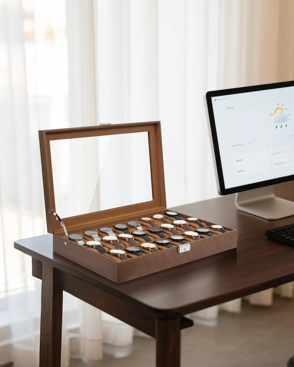 Caja de Relojes 24 Compartimentos PU Cerradura Llave Tapa Vidrio Forro Terciopelo Marrón Exhibición Almacenamiento