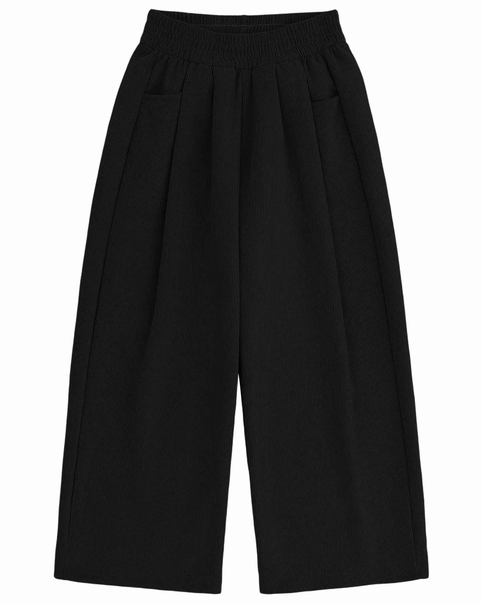 KAKU NANU Pantalones para niñas, cintura elástica, pierna ancha, 2 bolsillos, negro, marrón, beige, rosa, 5-13 años