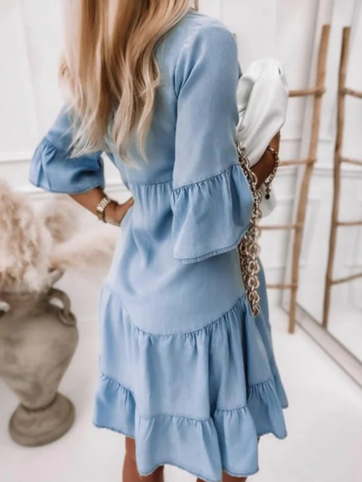 Vestido Denim de Algodón Lavado - Cuello V con Volantes para Playa y Brunch | Vestido Ligero de Media Manga Mujer