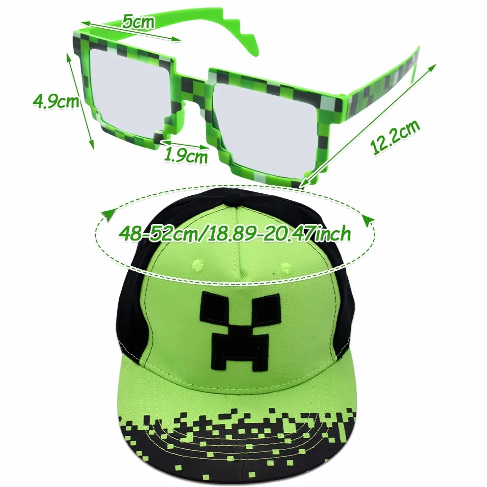 Minecraft Gorra de Béisbol para Niños, 2PCS Conjunto con Gafas de Sol, Bordada Transpirable Ajustable