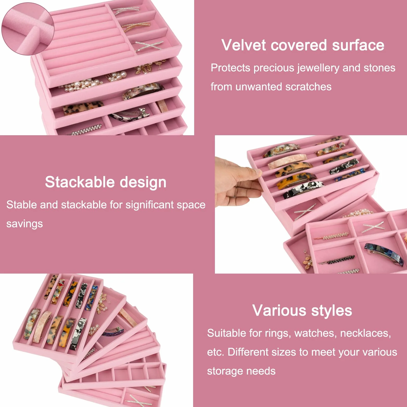 12 bandejas apilables de terciopelo para joyas, organizadores de cajones, bandeja grande extraíble para joyas, caja de almacenamiento para pendientes, anillos, broche, reloj