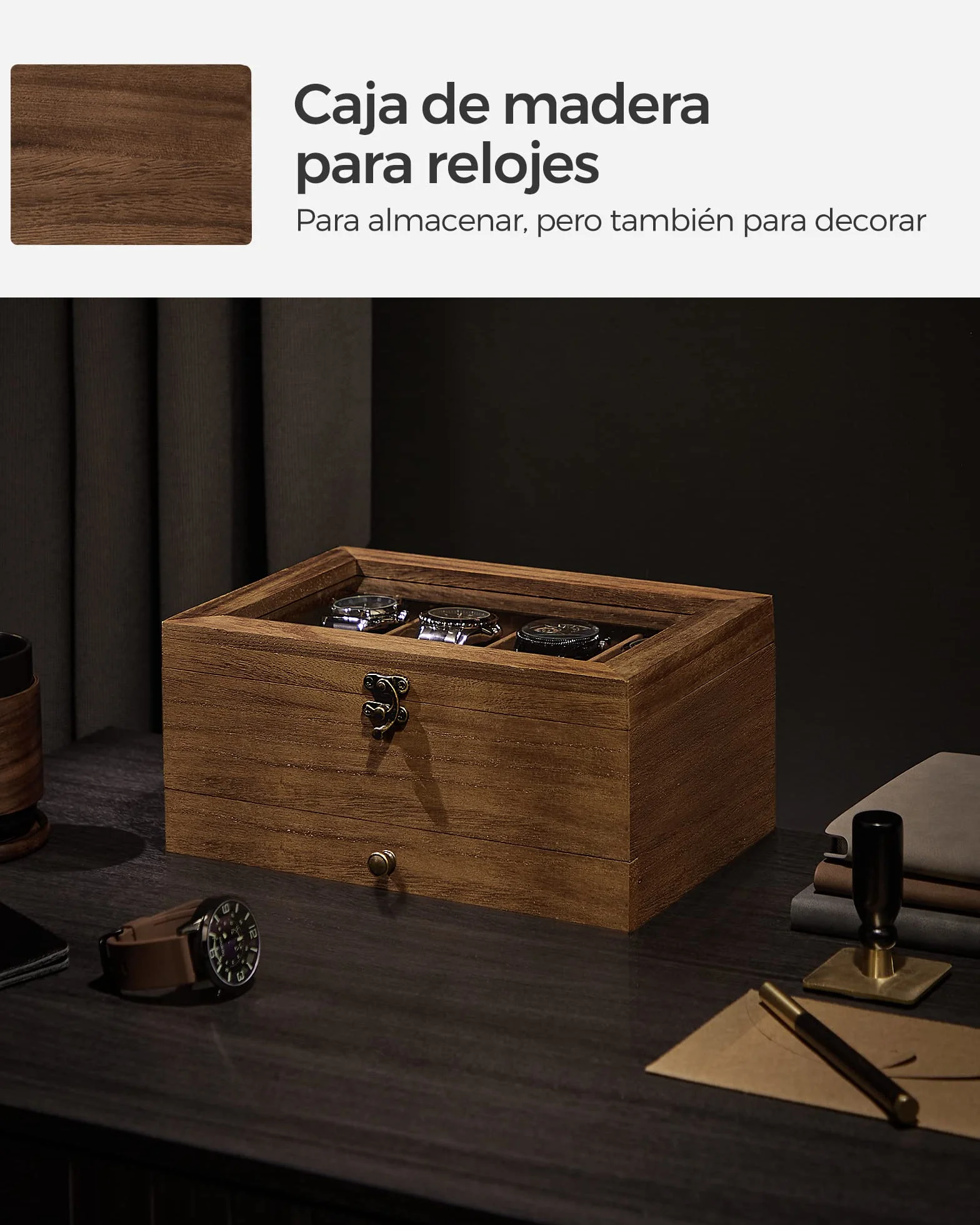 SONGMICS GISELLA Caja de Relojes 8 Ranuras Estuche Madera 2 Niveles Tapa Cristal Nogal Rústico