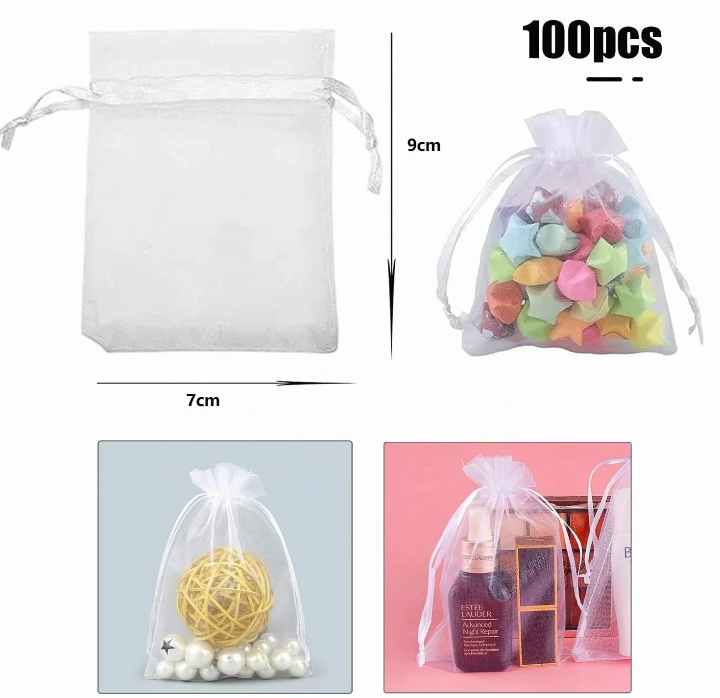 100 bolsas de organza, 7 x 9 cm, bolsas de organza, bolsas de regalo, joyas de boda, para festivales, fiestas y bodas, cordón de satén