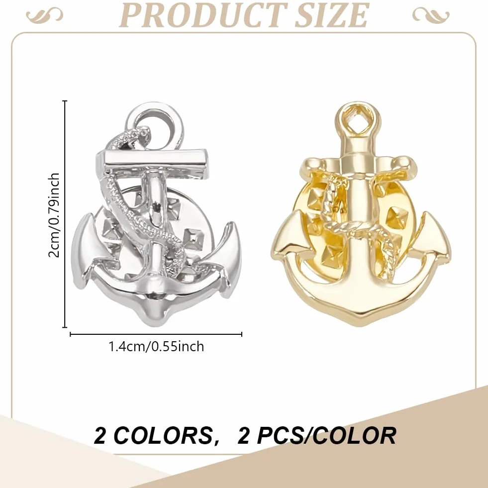 WEBEEDY 4 piezas Broche Ancla Oro Plata para Hombres Mujeres Pines de Solapa de Marina Metal