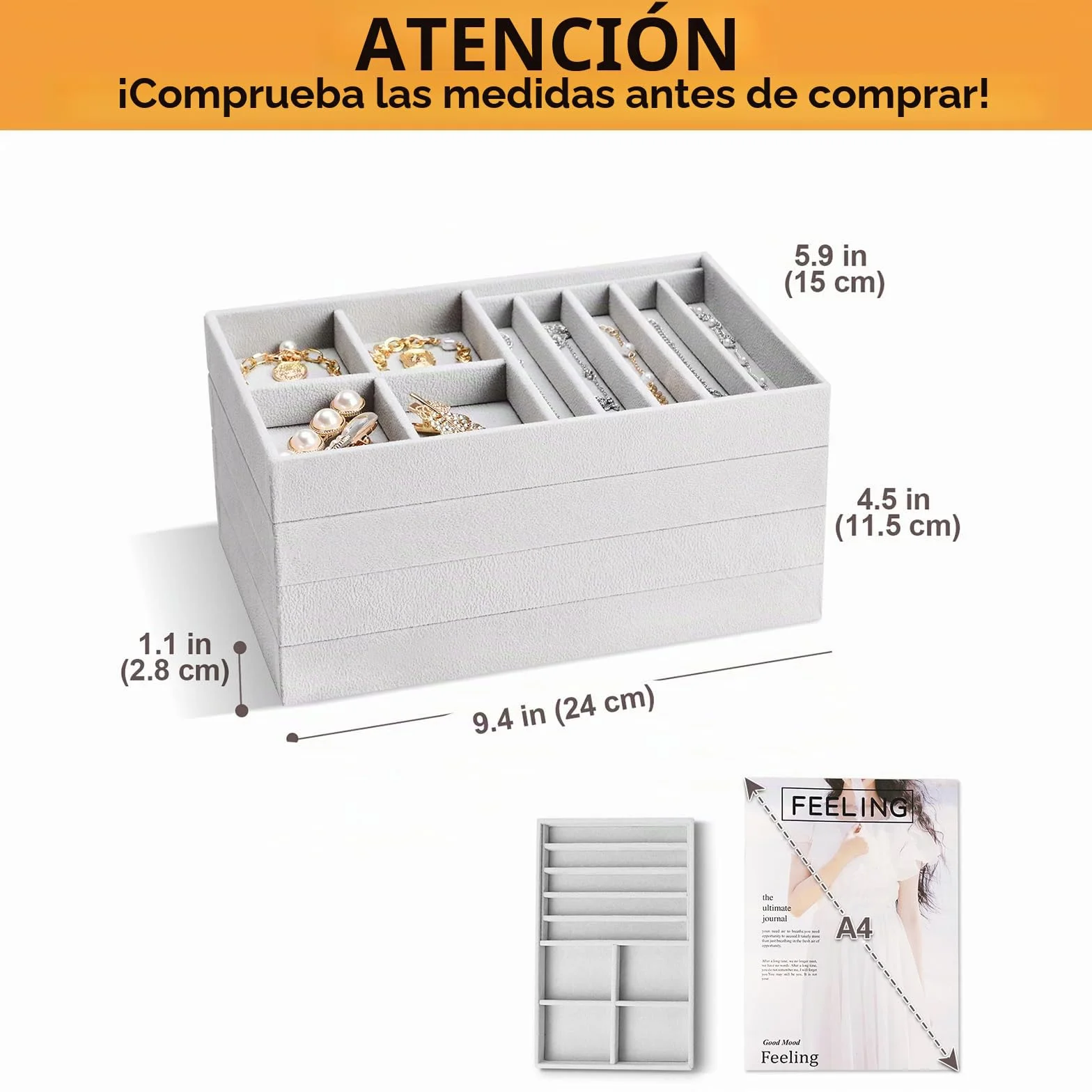 ProCase 4 Capas Combinadas Organizador de Joyas, Bandeja de Joyería para Guardar y Exponer Collares Pulseras Anillos Pendientes -Gris