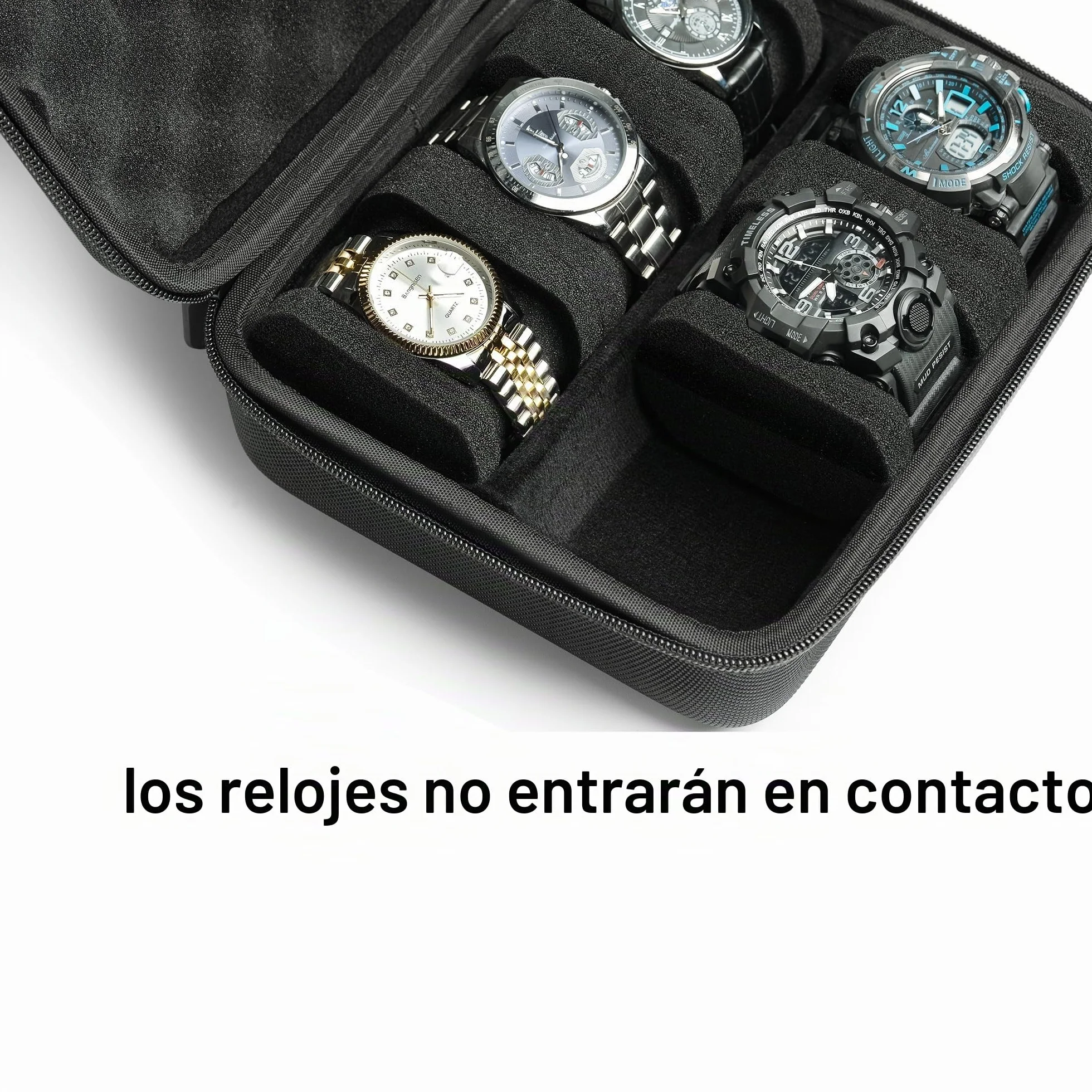 Estuche rígido para reloj 6 ranuras organizador de viaje caja dura negro 2 compartimentos