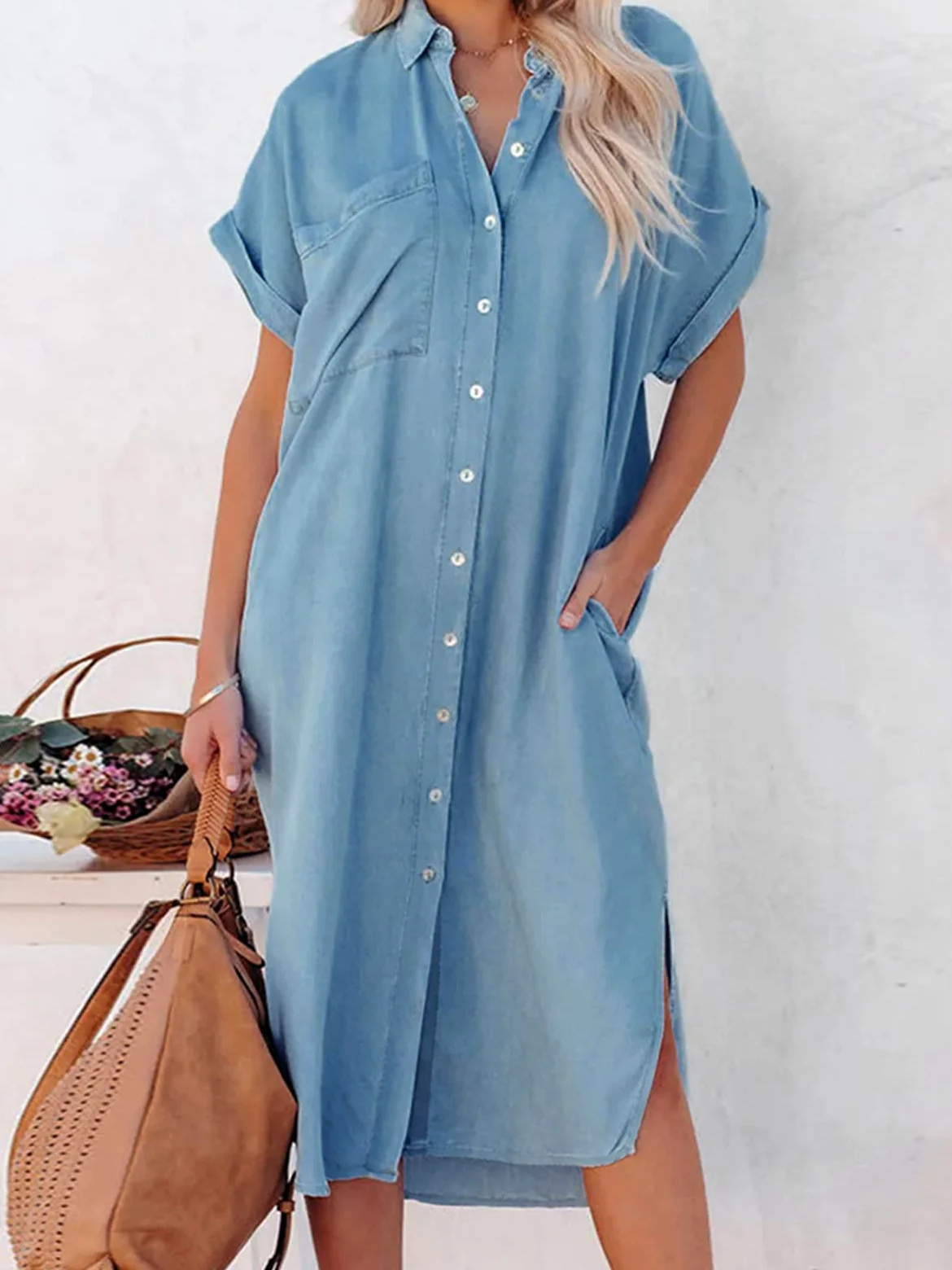 CUPSHE Vestido, Manga Acampanada, Vestido con Botones, Manga Corta, Cuello en V, Vestidos camiseros Informales para Mujer