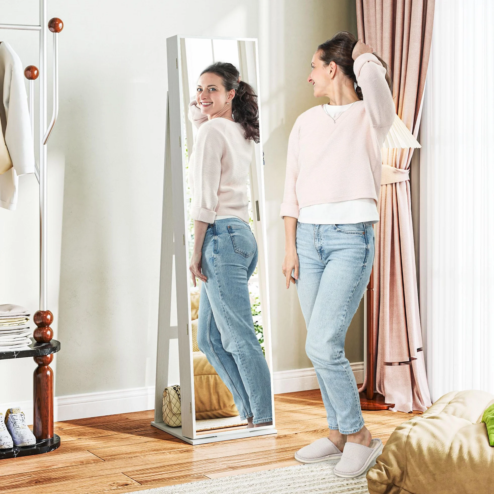 HOMCOM Espejo Joyero de Pie con Luces LED y Cerradura Armario de Joyas Blanco Veta Madera