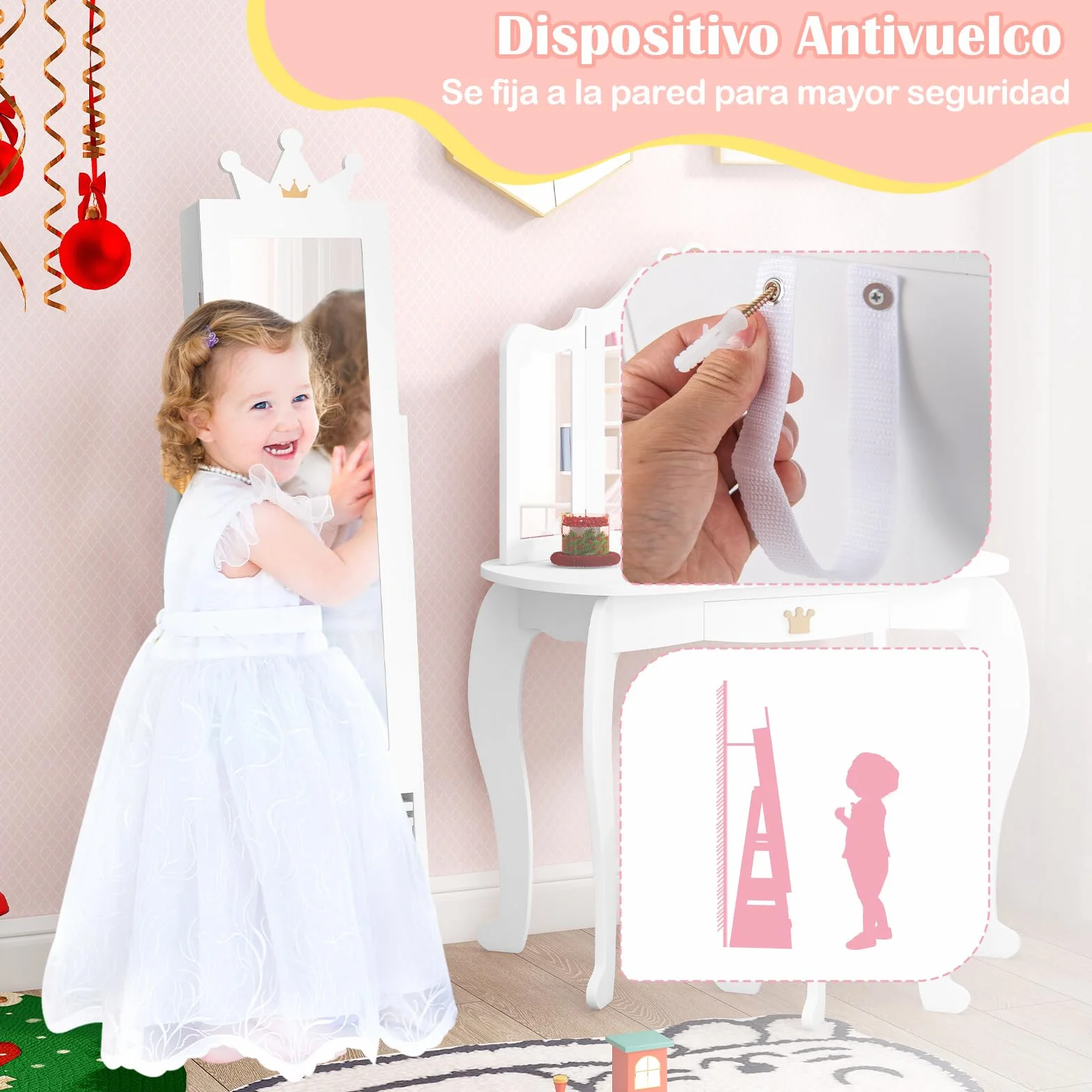 COSTWAY Armario Joyero para Niñas con Espejo de Cuerpo Completo y Base Giratoria, Blanco