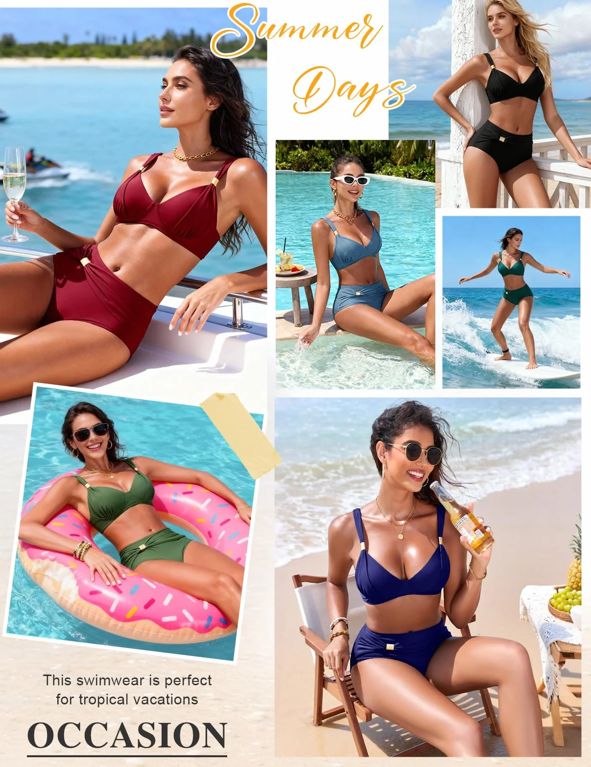 Bikini Mujer Cintura Alta Diseño Envolvente Tirantes Ajustables Top con Aro Extraíble Bañador Playa