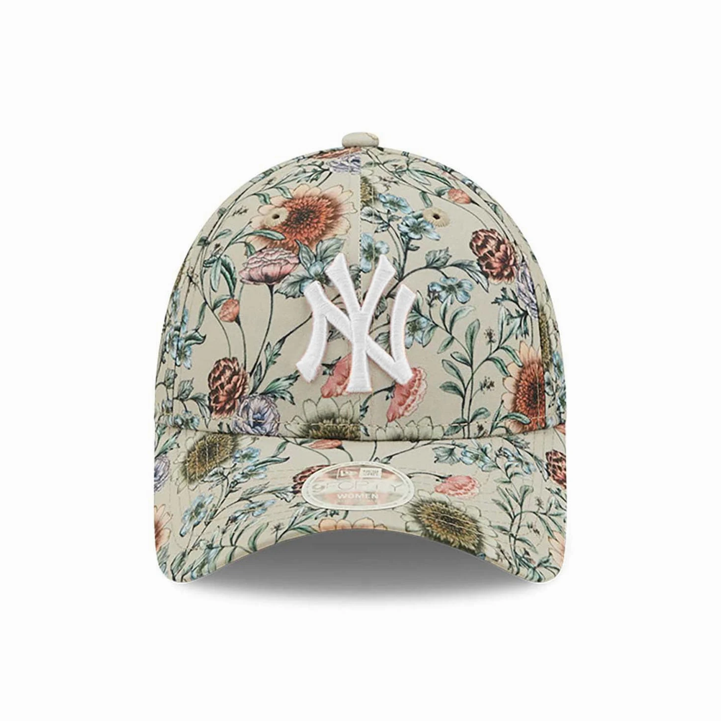 New Era 9FORTY Gorra para mujer, con estampado floral MLB New York Yankees, beige/blanco