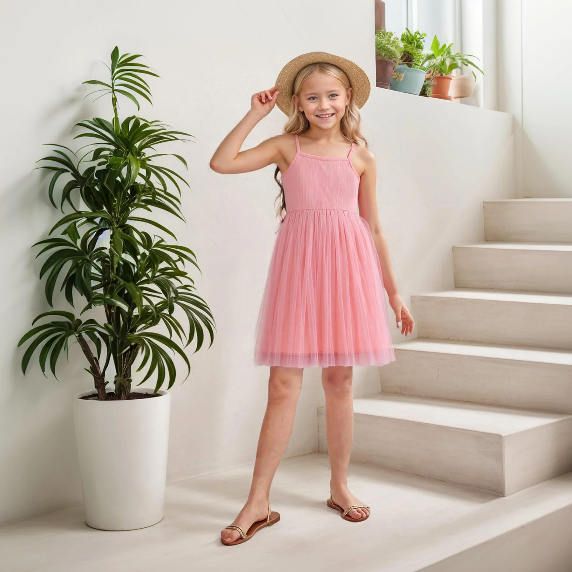 Vestido Tul para Niña Sin Mangas Algodón Verano Vestidos Tirantes A-Line Tutú Casual Elegante Ropa Princesa Fiesta Ceremonia 2-7 Años Negro/Rosa