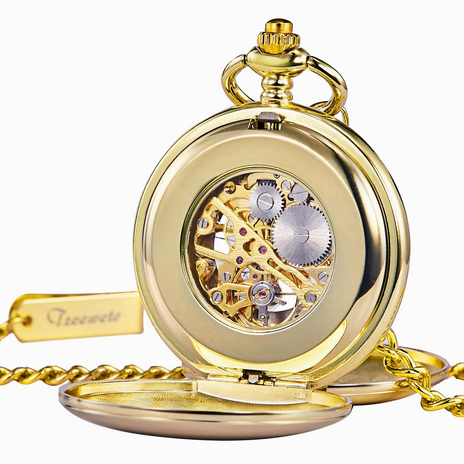 TREEWETO Reloj de bolsillo – Serie de doble caja suave esqueleto esfera azul movimiento mecánico con cadena, plata/dorado