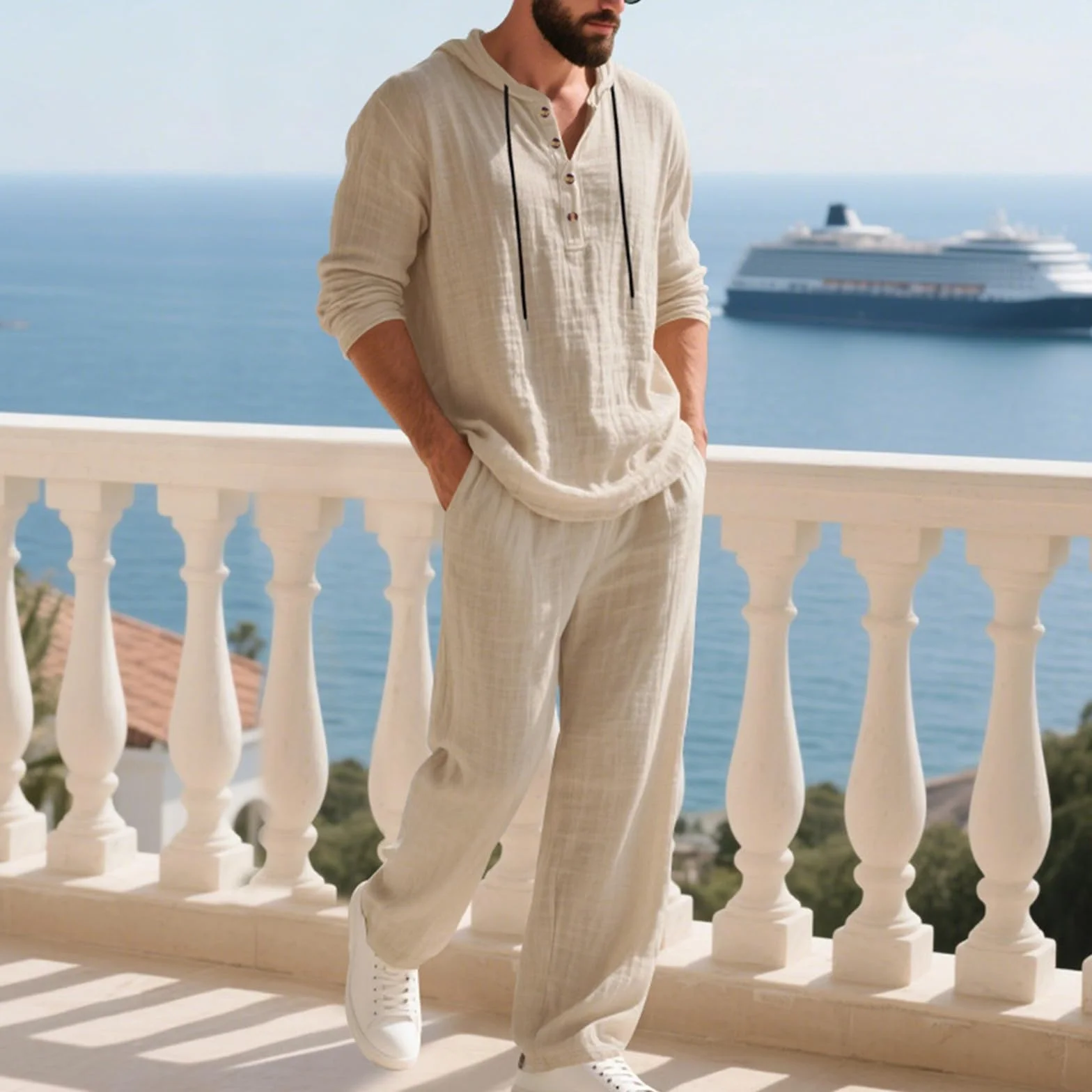Conjunto de lino para hombre 2 piezas traje de verano manga larga sudadera capucha pantalones playa