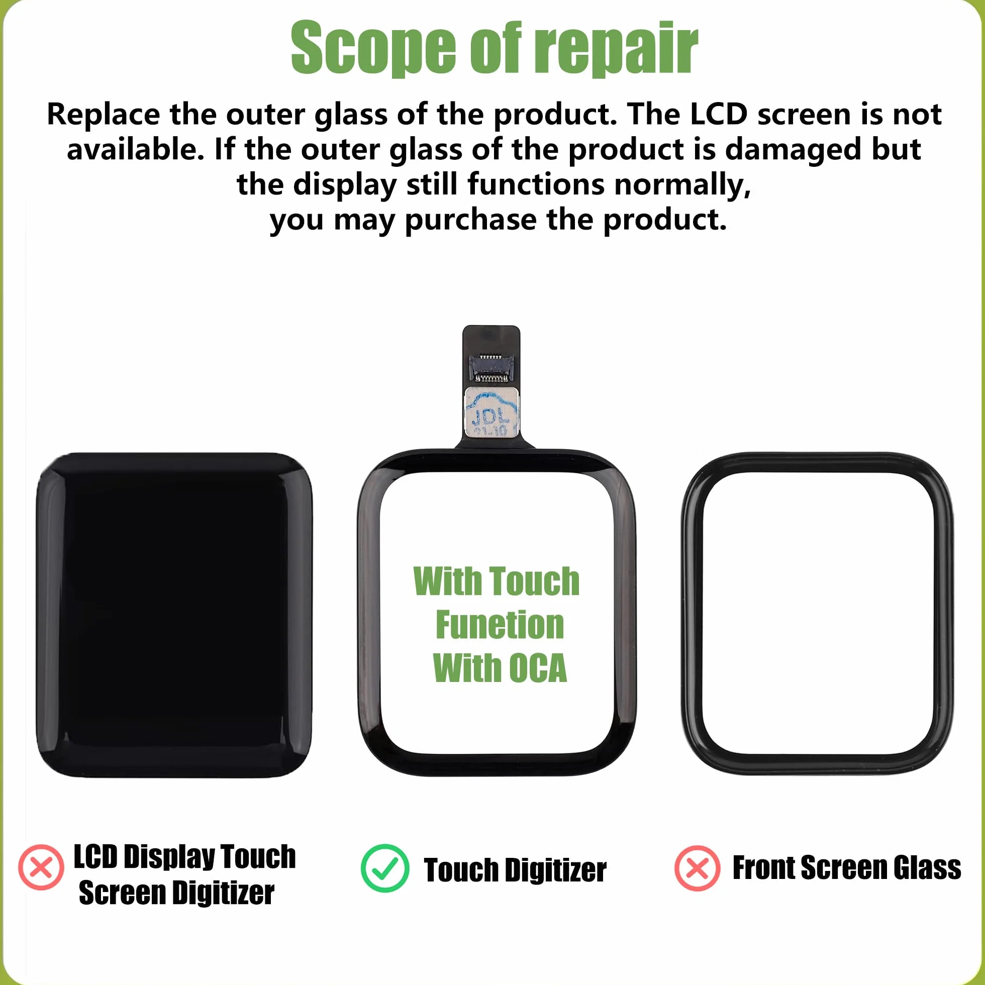 Juego de reparación de cristal frontal Apple Watch Series 6 44 mm con función táctil OCA